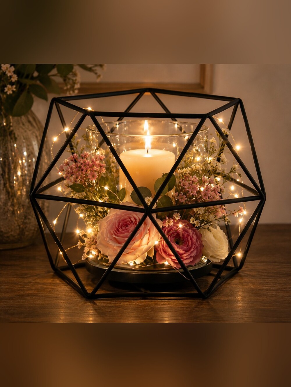 Black Geometric Candle Holder 5.5” Modern Floral Votive Centerpiece Decor NWT